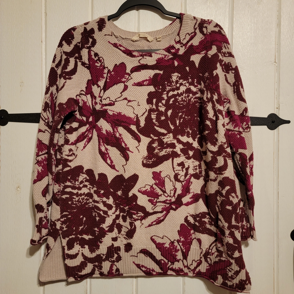 Soft Surroundings Sweater Floral Fall Cozy Knit Chic Burgundy Cream Size Large